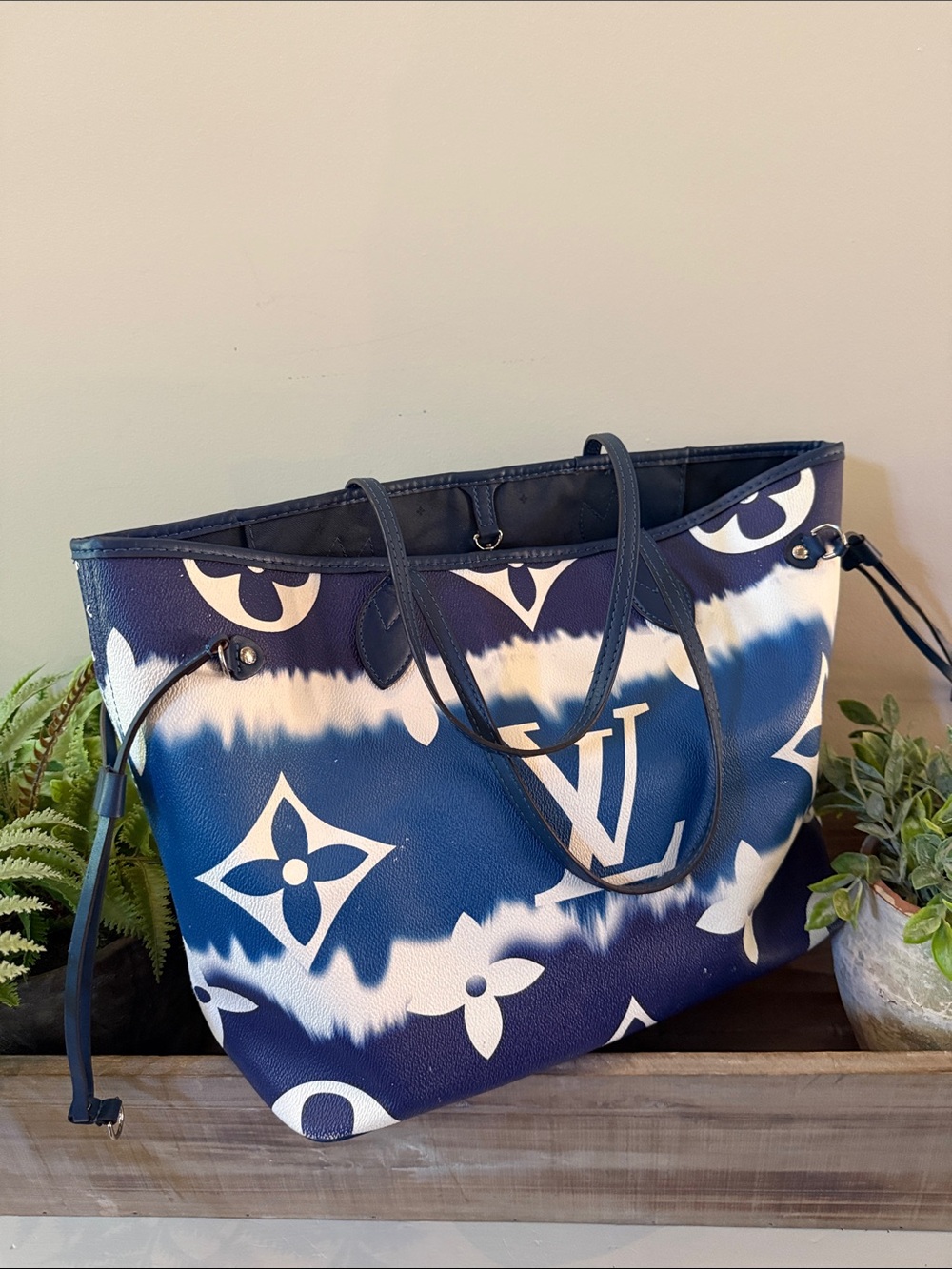 Blue White Tote Bag with Logo Pattern